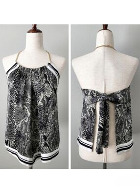 Express Black & White Snakeskin Pattern  & Striped Tie Up Halter Top, Size Small